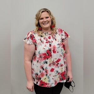 Cato est. 1946 floral ruched mock neck ruffle sleeve blouse 22/24W